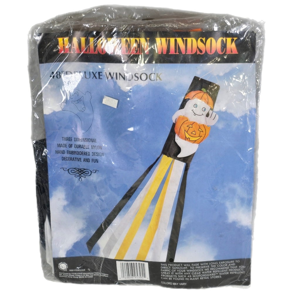 Vtg 1998 Halloween Deluxe 3D Nylon Windsock 48" Long Ghost In Pumpkin NEW